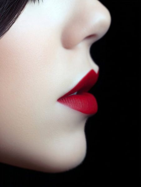 Elegant female profile with red lips on a black background by Frank Heinz