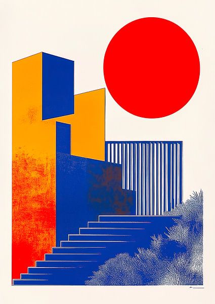 Bauhaus Architektur Rot Blau Weiß Gelb Mond von Niklas Maximilian