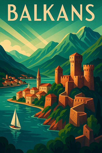 Balkans Art Deco Travel Poster – Adriatic &amp; Mountain Charm by Travel Shop