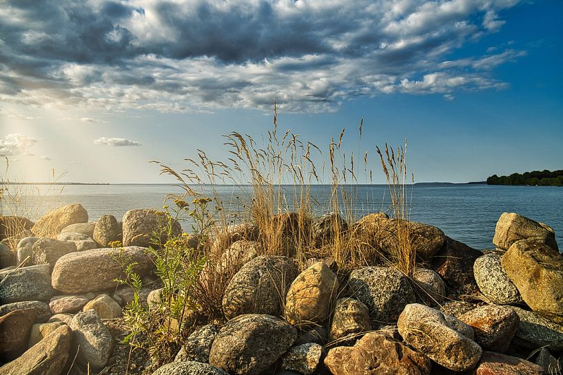 See in Schweden mit weißen Wolken, blaues Wasser und Bäumen am Ufer von Martin Köbsch