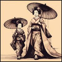 Geisha et sa fille en kimono et ombrelles