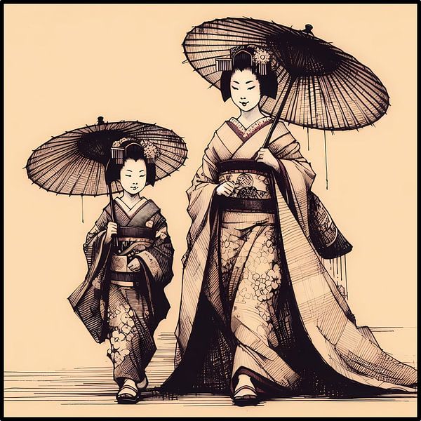 Geisha und ihre Tochter in Kimono und Sonnenschirmen von Hey Art!