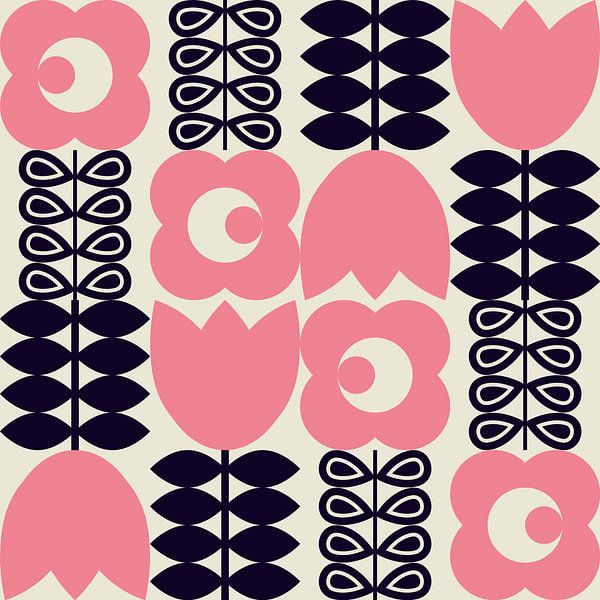 Retro 70s Vintage-Stil Kunstwerk in schwarz, rosa weiß von Dina Dankers