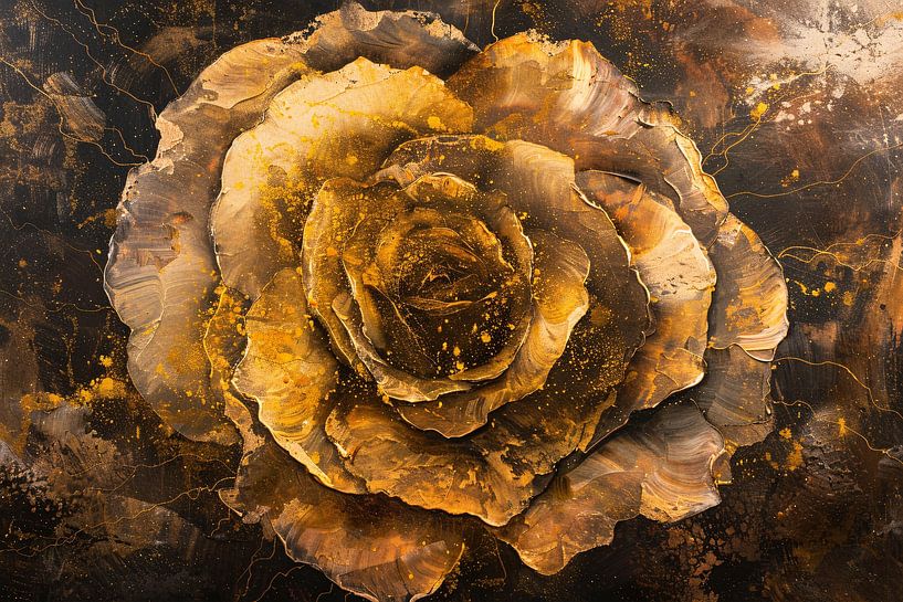 Gold und Schwarz Abstrakte Rose auf Gemälde von Art & Soul Creations