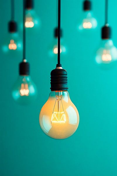 Hängende Glühbirnen vor Türkis-Hintergrund von Poster Art Shop