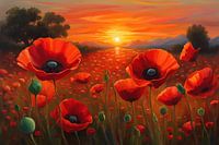 Mohnblumen Malerei Sonnenuntergang Blumenwiese