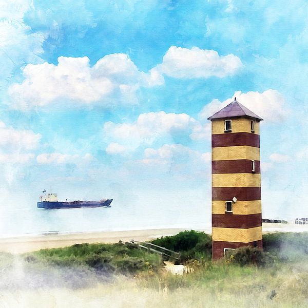 Aquarelle du phare de Kaapduinen, Dishoek, Walheren, Zélande par Danny de Klerk