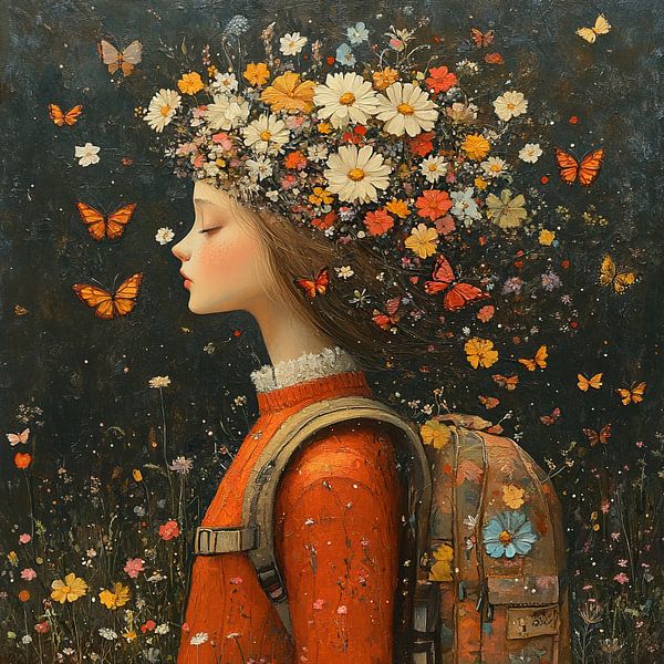 Young Girl Flowers Butterflies by Eye catching paintings
