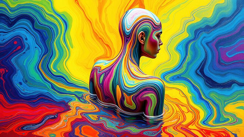 Femme qui s'élève de la mer des couleurs - Body-Painting dans le flux fluide des énergies de l'arc-en-ciel entre le corps, la dissolution et la renaissance par AidasignArt