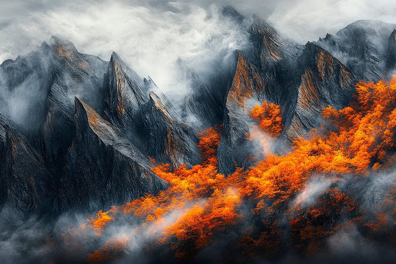 Volcanic mountains with fire and fog by Poster Art Shop