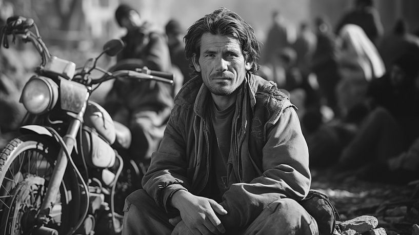 Analog 90er Straßenfotografie Mann mit Motorrad in der Stadt Afghanistan Schwarz und Weiß von Animaflora PicsStock