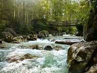 Raging river with rocks under bridge in forest Germany