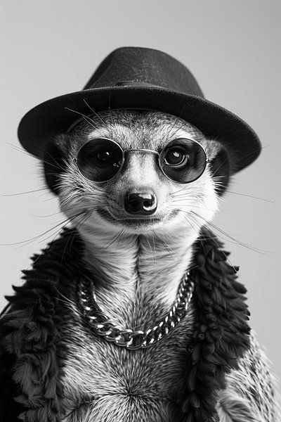 Suricate avec chapeau et lunettes de soleil en noir et blanc par Poster Art Shop