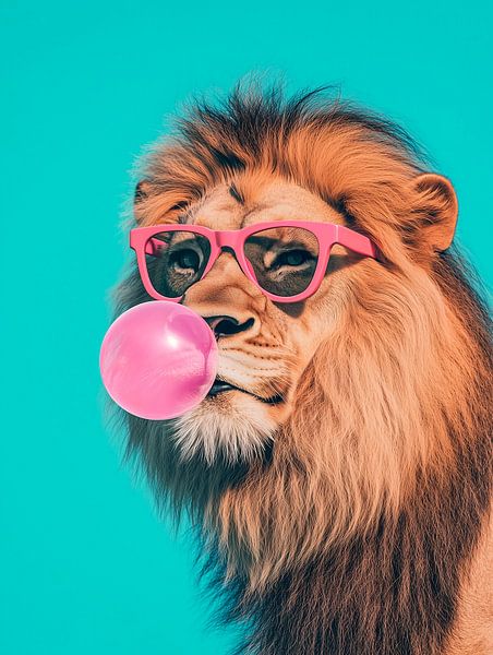 Tougher Löwe mit Kaugummi und rosa Brille von Richards Fine Art