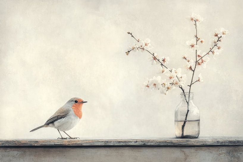 Rotkehlchen mit Blüte, Stillleben von Japandi Art Studio