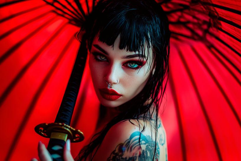 Femme fatale avec épée et parapluie par Poster Art Shop