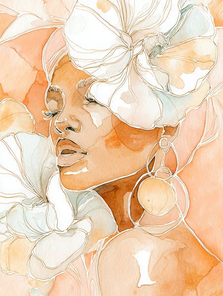Elegant woman with flowers in watercolour - soft lines and warm peach tones by But First Framing