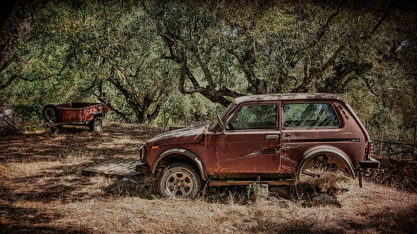 Altes Auto und Anhänger im Olivenhain. von Rene van Heerdt