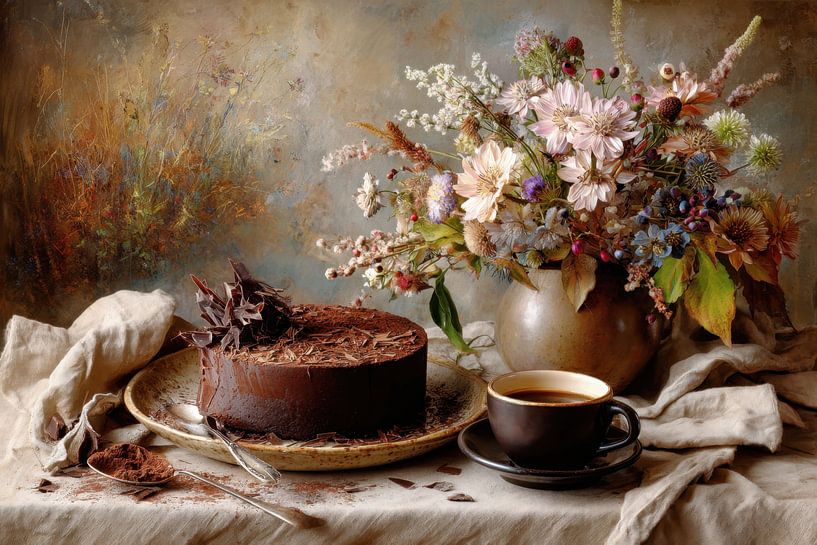 Schokoladenkuchen und Blumen - Ruhiges romantisches Stillleben von Joriali Fotografie und Gemälde