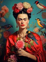 Portrait Frida with birds and roses