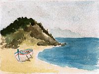Boot / Fischerboot am Strand in Thrakiengemalt Aquarell von VK (Veit Kessler) 1985