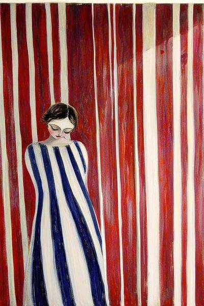 Red striped wall with woman in blue dress by Franka Poulain