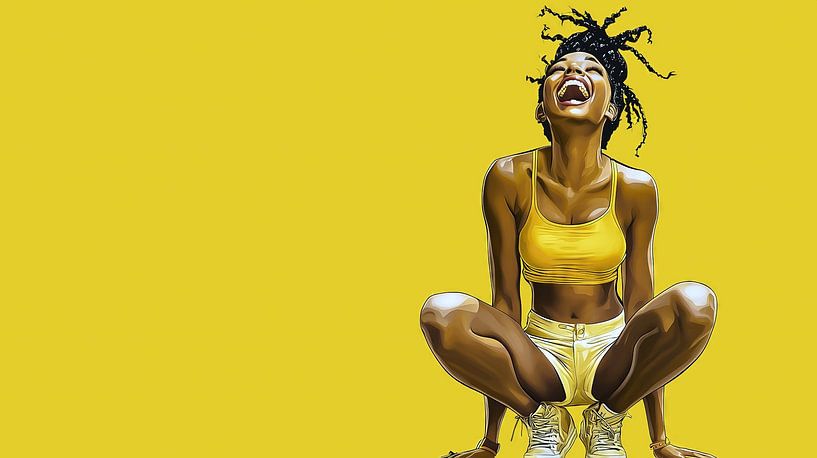 Cheerful woman in yellow fitness outfit by Frank Heinz