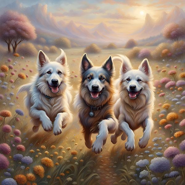 Bohemian Shepherd playing in a Flowerfield 3 by Johannas Art Creations