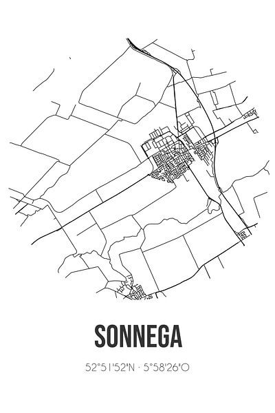 Sonnega (Fryslan) | Carte | Noir et blanc par Affiches de lieux