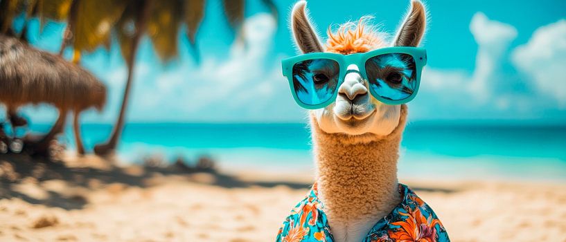 Lama entspannt am Strand mit Sonnenbrille von Poster Art Shop