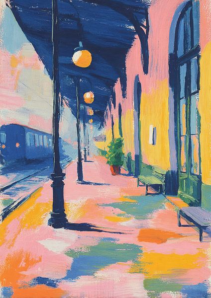 Bunte Bahnhofsszene mit Holzbank von Niklas Maximilian