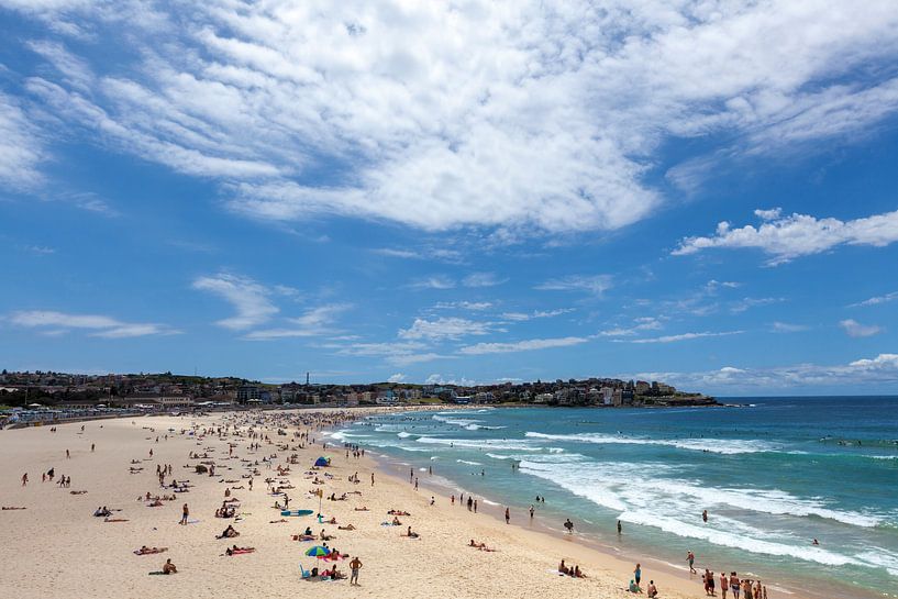 Wave breaks and surf on clear sand of famous Australian Sydney Bondi beach by Tjeerd Kruse