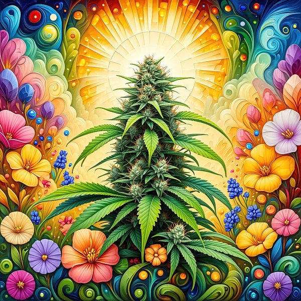 Cannabis im Licht der Blüte – Eine farbgewaltige Hommage an die Cannabis-Pflanze als Sinnbild natürlicher Erhabenheit, Lebenskraft und Transformation (1 von 3) von AidasignArt