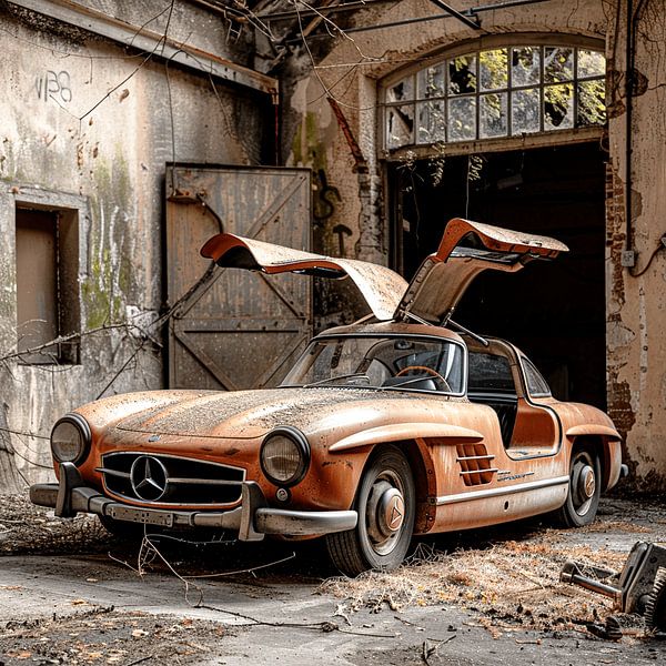 Lost Place Mercedes 300 SL gullwing doors orange copper Workshop by gm_designs