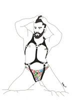 Cuir et pétales - Harnais floral - Décoration murale érotique gay, dessin au trait avec sous-vêtements colorés, œuvre d'art queer moderne