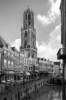 Utrecht Cathedral seen from Stadhuisbrug in black and white