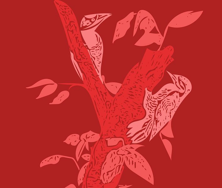 Gravure d'oiseaux dans un arbre rouge par Leon Brouwer