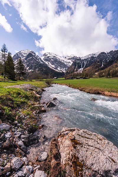Felsen, fließender Fluss und Schweizer Berge von Dafne Vos