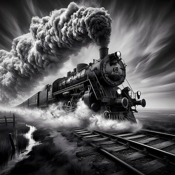 Black and white locomotive - classic steam locomotive in a minimalist style by ButterflyPix