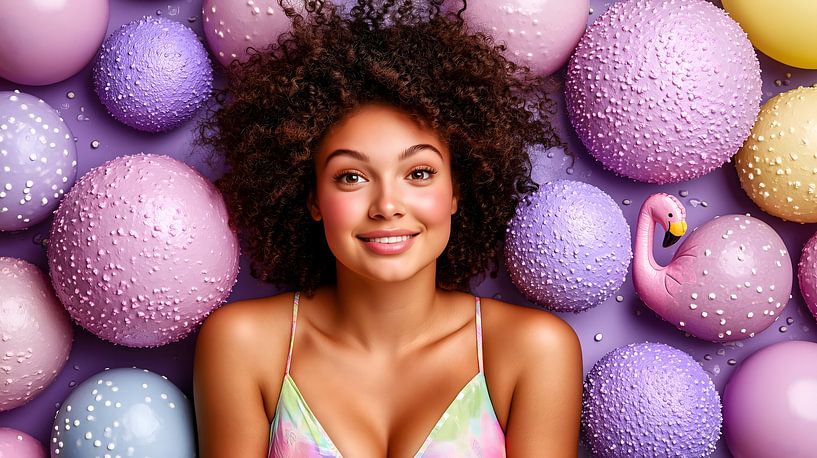 Femme joyeuse avec flamant rose et ballons par Frank Heinz