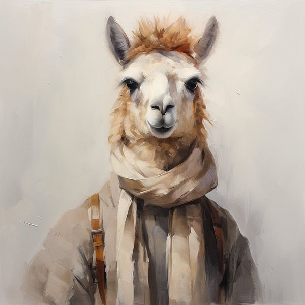 Lama Portrait Kunst | Lama mit Schal von Wunderbare Kunst