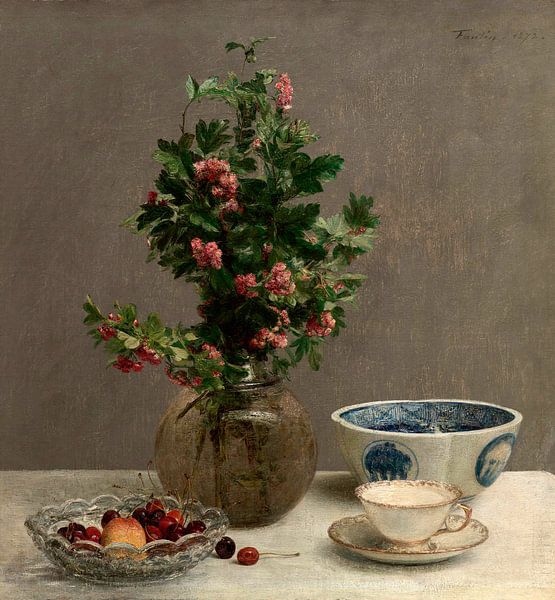 Stilleben mit Weißdornvase, Kirschenschschale, Japanische Schale und Tasse und Untertasse, Henri Fan von Meisterhafte Meister