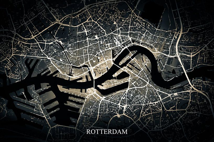 Rotterdam - Abstrakte Karte in Schwarz Gold Gelb von Art By Dominic