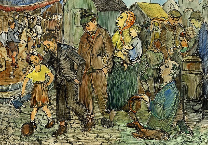 Flohmarkt und Jahrmarkt in den Marolles in Brüssel um 1965 - Tusche und Aquarell auf Papier von Galerie Ringoot