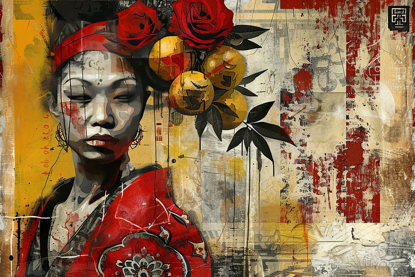 painting japanese portrait with fruit by Egon Zitter