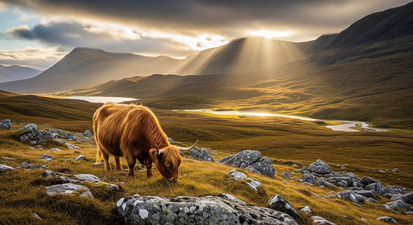 Weidende Hochlandkuh in bergiger Landschaft mit Sonnenlicht von Markus Gann