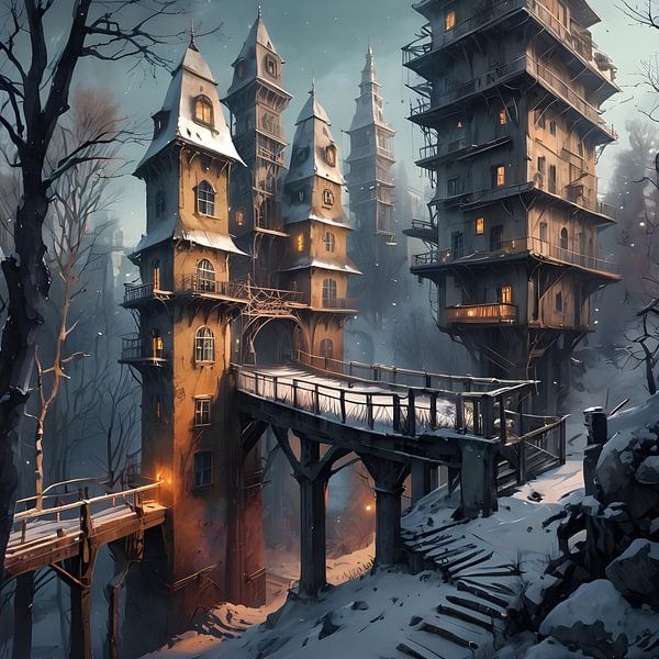 a town in a wintry forest by Nick Wendt