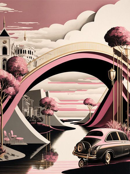 Miniature landscape car white black pink houses trees by gm_designs