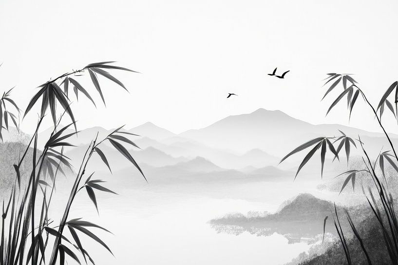 Paysage en bambou avec silhouette de montagne par Poster Art Shop