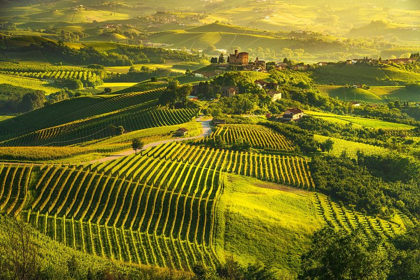 Vignobles des Langhe au coucher du soleil. Grinzane Cavour, Italie par Stefano Orazzini